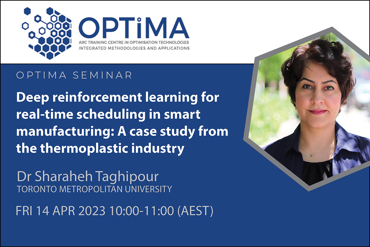 Banner for advertising an OPTIMA seminar being held on 15th April (10-11am AEST), 2023, presented by Dr Sharareh Tagipour. It is titled: Deep reinforcement learning for real-time scheduling in smart manufacturing: A case study from the thermoplastic industry.