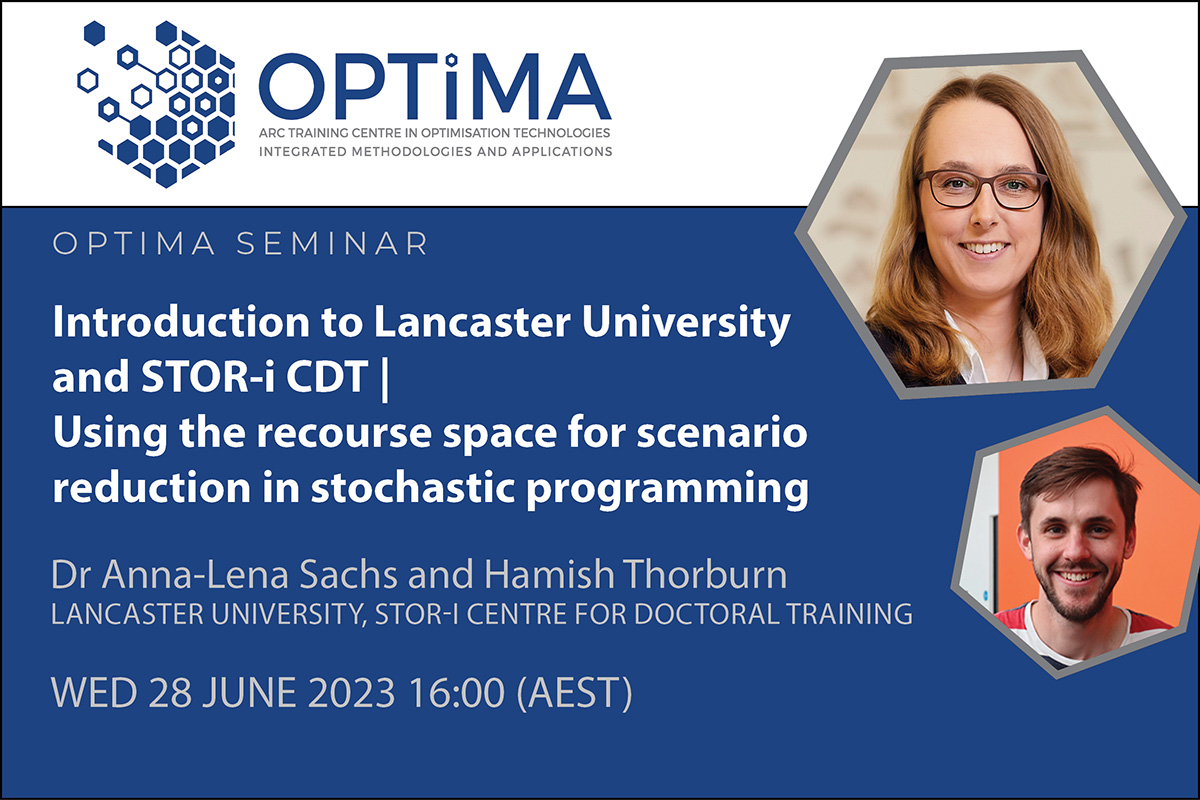 Event poster for an OPTIMA seminar, featuring speakers Dr Anna Sachs and Hamish Thorburn. The title of the seminar is: "Introduction to Lancaster University and STOR-i CDT | Using the recourse space for scenario reduction in stochastic programming". It will be held on June 28th at 4pm AEST.